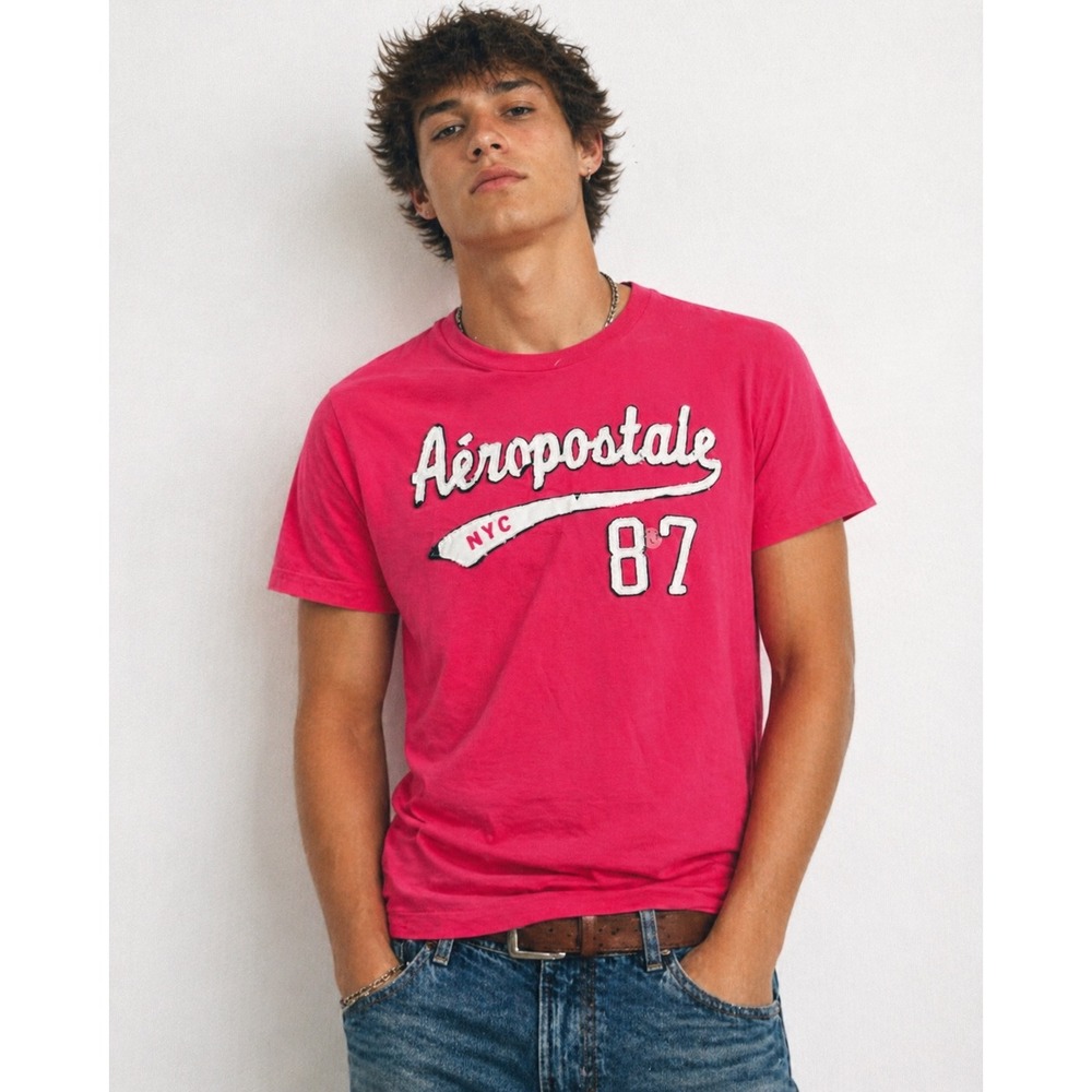 NWT Aeropostale Pink‎ Y2K 2000's Graphic Embroidered Cotton Crew Neck Tee Sz L